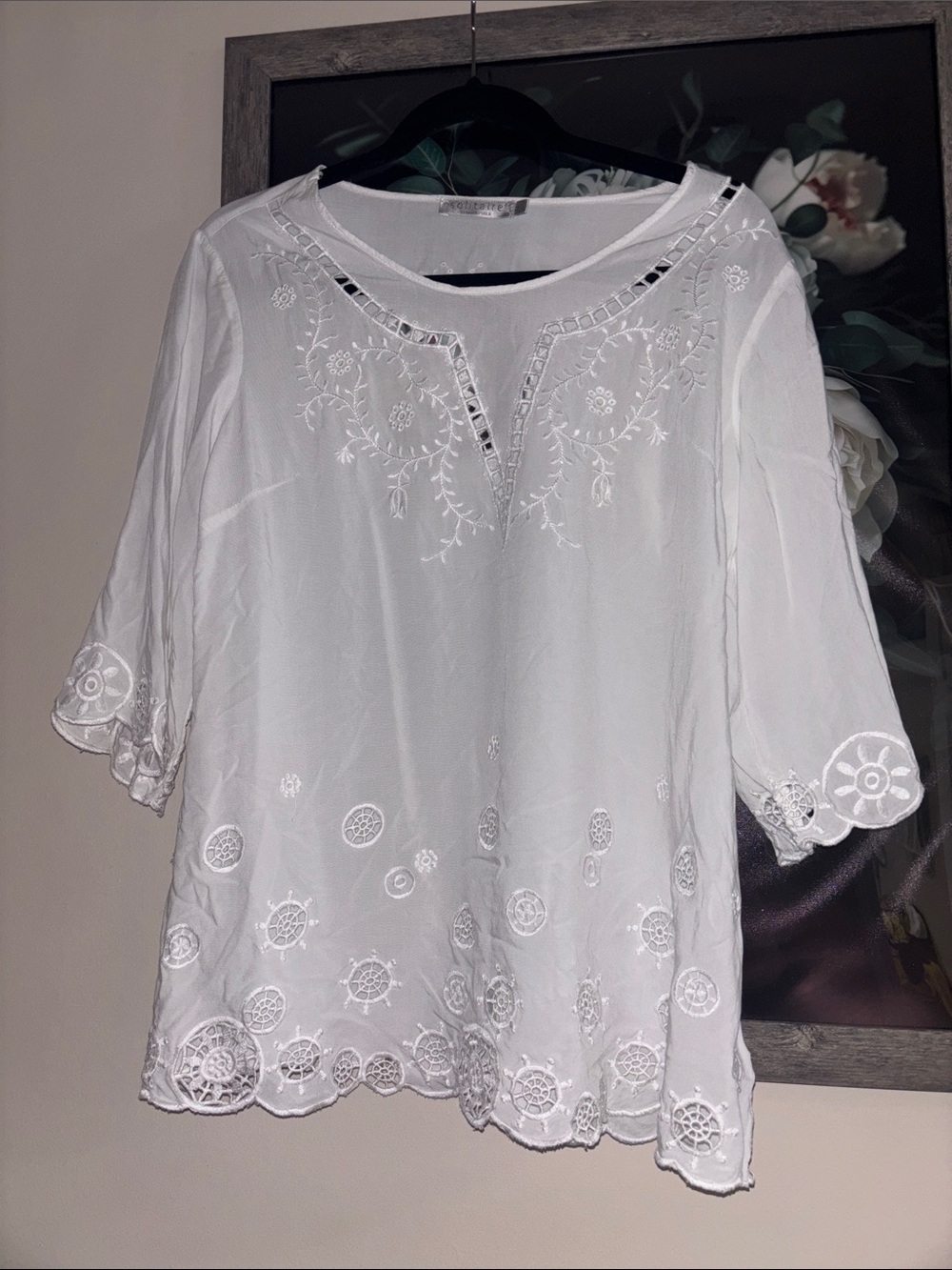 Solitaire White Semi Sheer Embroidered 3/4 Sleeve Lightweight Blouse